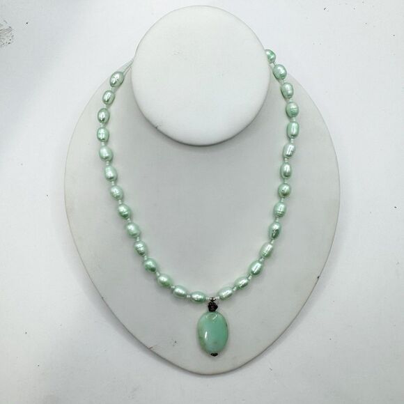 Green Nugget Baroque Pearl Necklace With Amazonite Pendant Sterling Silver 18” - Picture 5 of 15